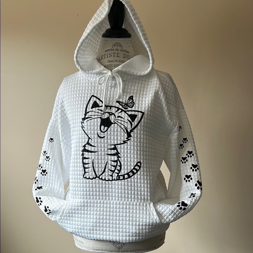 Cat Graphic Hoodie, Kangaroo Pocket, White (size small)